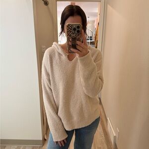 Cozy Hooded Plush Sweater with Cut Neckline - Cream